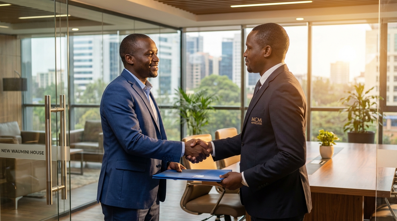 Business owner shaking hands with a lawyer at MCM Advocates, LLP office in Westlands Nairobi after a successful legal outcome.